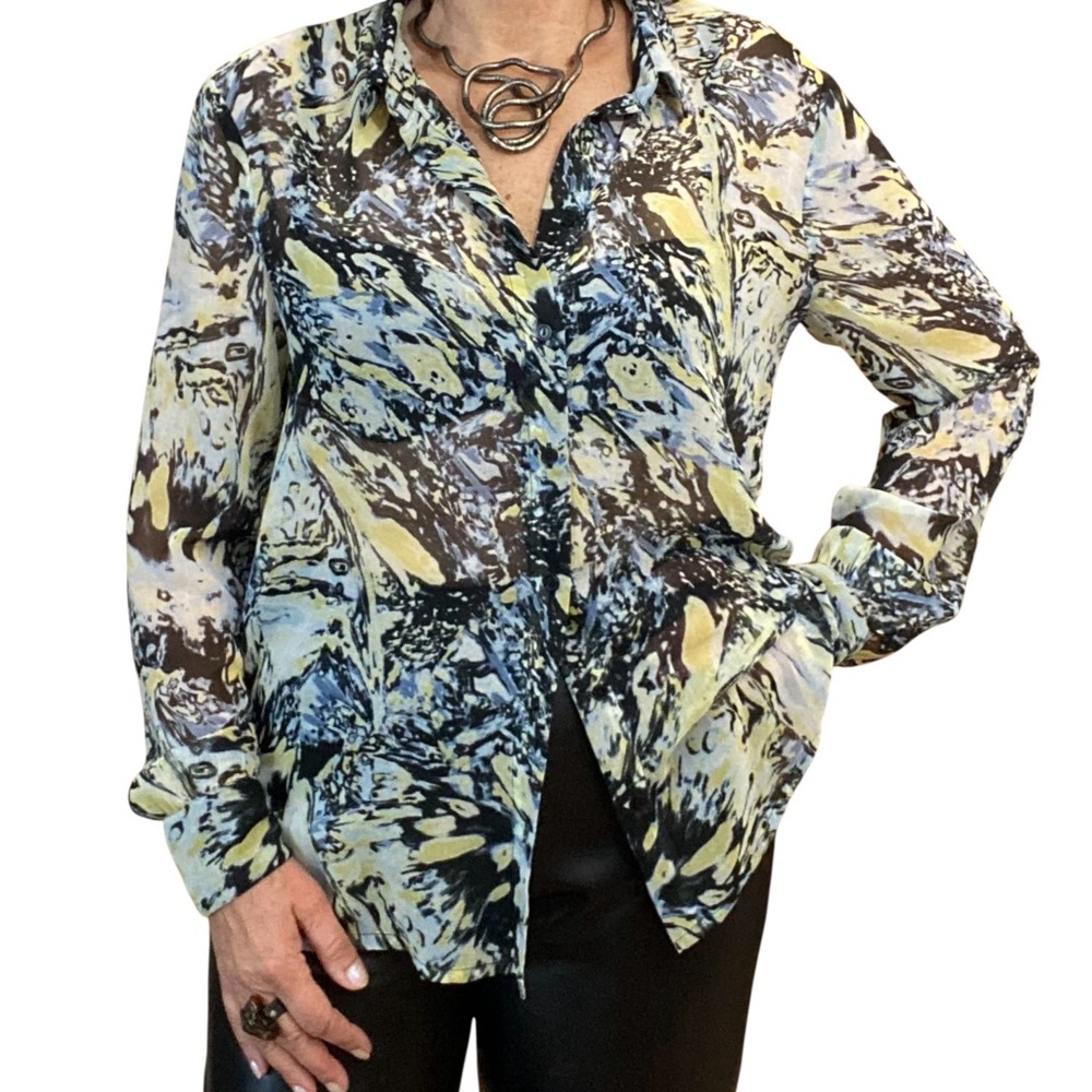 Elegant Blue, Yellow and Black Abstract Print Button Down Shirt EUC MEDIUM